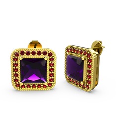 Esinti Kare Küpe - Ametist ve garnet 14 ayar altın küpe #17yusd3