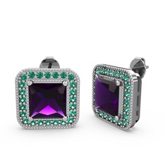 Esinti Kare Küpe - Ametist ve yeşil kuvars 18 ayar beyaz altın küpe #183mdzi