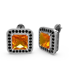 Sitrin ve siyah zirkon 18 ayar beyaz altın küpe