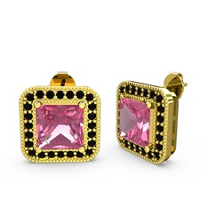 Pembe kuvars ve siyah zirkon 8 ayar altın küpe