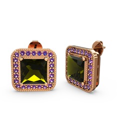 Esinti Kare Küpe - Peridot ve ametist 14 ayar rose altın küpe #19ko8bp