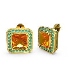 Esinti Kare Küpe - Sitrin ve kök zümrüt 14 ayar altın küpe #1a3jjlu