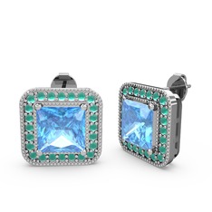 Esinti Kare Küpe - Akuamarin ve kök zümrüt 14 ayar beyaz altın küpe #1axx4co
