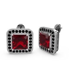 Garnet ve siyah zirkon 8 ayar beyaz altın küpe