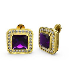Esinti Kare Küpe - Ametist ve swarovski 925 ayar altın kaplama gümüş küpe #1bxhzoj
