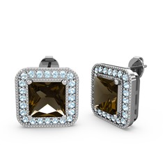 Esinti Kare Küpe - Dumanlı kuvars ve akuamarin 14 ayar beyaz altın küpe #1d3a55h