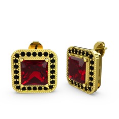 Esinti Kare Küpe - Garnet ve siyah zirkon 14 ayar altın küpe #1g5zvk3