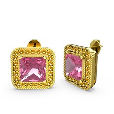 Esinti Kare Küpe - Pembe kuvars ve sitrin 8 ayar altın küpe #1gxd6q5