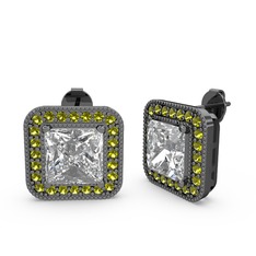 Esinti Kare Küpe - Swarovski ve peridot 925 ayar siyah rodyum kaplama gümüş küpe #1h1c574