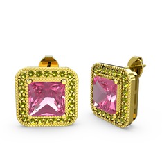 Esinti Kare Küpe - Pembe kuvars ve peridot 14 ayar altın küpe #1h8uegu