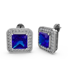 Esinti Kare Küpe - Lab safir ve swarovski 8 ayar beyaz altın küpe #1iyd0q4