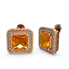 Esinti Kare Küpe - Sitrin ve dumanlı kuvars 18 ayar rose altın küpe #1j2bg4