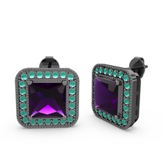 Esinti Kare Küpe - Ametist ve kök zümrüt 925 ayar siyah rodyum kaplama gümüş küpe #1j340z6