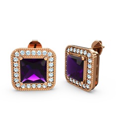 Esinti Kare Küpe - Ametist ve akuamarin 8 ayar rose altın küpe #1kh55rn