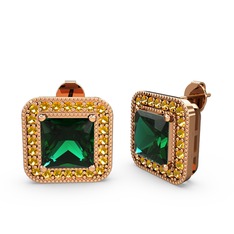 Esinti Kare Küpe - Yeşil kuvars ve sitrin 8 ayar rose altın küpe #1ktukj2