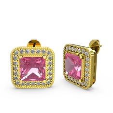 Pembe kuvars ve swarovski 14 ayar altın küpe