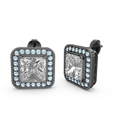 Swarovski ve akuamarin 925 ayar siyah rodyum kaplama gümüş küpe