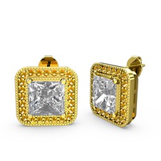 Esinti Kare Küpe - Beyaz zirkon ve sitrin 8 ayar altın küpe #1pwhi6m