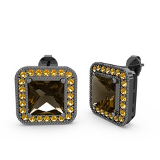 Esinti Kare Küpe - Dumanlı kuvars ve sitrin 925 ayar siyah rodyum kaplama gümüş küpe #1pzyfkr