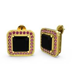 Esinti Kare Küpe - Siyah zirkon ve rodolit garnet 18 ayar altın küpe #1qv6gwr