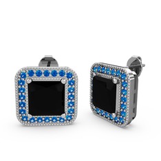 Esinti Kare Küpe - Siyah zirkon ve lab safir 8 ayar beyaz altın küpe #1rhxb01