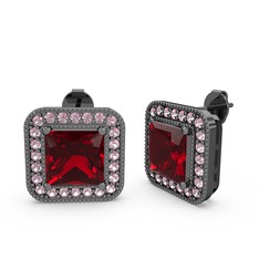 Garnet ve pembe kuvars 925 ayar siyah rodyum kaplama gümüş küpe