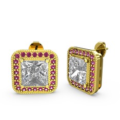 Esinti Kare Küpe - Swarovski ve rodolit garnet 18 ayar altın küpe #1s5811x