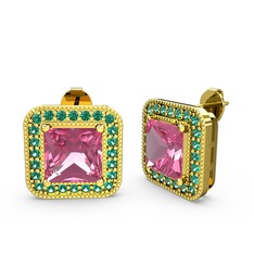 Esinti Kare Küpe - Pembe kuvars ve yeşil kuvars 18 ayar altın küpe #1s8ypq9