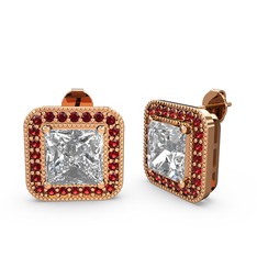 Beyaz zirkon ve garnet 8 ayar rose altın küpe