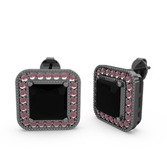 Esinti Kare Küpe - Siyah zirkon ve kök yakut 925 ayar siyah rodyum kaplama gümüş küpe #1u22077