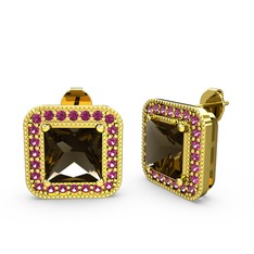 Dumanlı kuvars ve rodolit garnet 8 ayar altın küpe