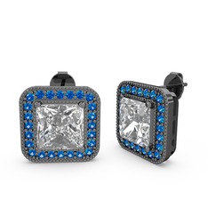 Esinti Kare Küpe - Swarovski ve lab safir 925 ayar siyah rodyum kaplama gümüş küpe #1wl8e0