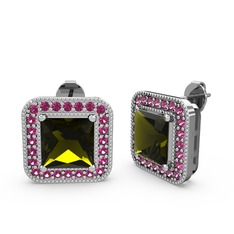 Peridot ve rodolit garnet 14 ayar beyaz altın küpe
