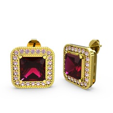 Esinti Kare Küpe - Rodolit garnet ve pembe kuvars 18 ayar altın küpe #1wv06py