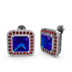 Esinti Kare Küpe - Lab safir ve garnet 18 ayar beyaz altın küpe #1xeawbu