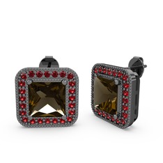 Esinti Kare Küpe - Dumanlı kuvars ve garnet 925 ayar siyah rodyum kaplama gümüş küpe #1xr5yuh