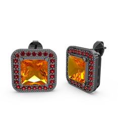 Sitrin ve garnet 925 ayar siyah rodyum kaplama gümüş küpe