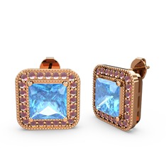 Esinti Kare Küpe - Akuamarin ve kök yakut 8 ayar rose altın küpe #1ypp570