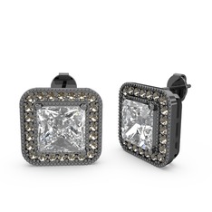 Esinti Kare Küpe - Beyaz zirkon ve dumanlı kuvars 925 ayar siyah rodyum kaplama gümüş küpe #1yqrzop