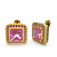 Pembe kuvars ve rodolit garnet 8 ayar altın küpe