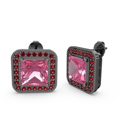 Pembe kuvars ve garnet 925 ayar siyah rodyum kaplama gümüş küpe