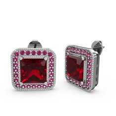 Esinti Kare Küpe - Garnet ve rodolit garnet 18 ayar beyaz altın küpe #373kkb