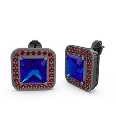 Esinti Kare Küpe - Lab safir ve garnet 925 ayar siyah rodyum kaplama gümüş küpe #3m86dj