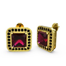 Esinti Kare Küpe - Rodolit garnet ve siyah zirkon 14 ayar altın küpe #60n0ue