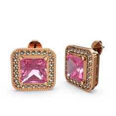 Esinti Kare Küpe - Pembe kuvars ve dumanlı kuvars 8 ayar rose altın küpe #6qwl8o