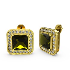Peridot ve beyaz zirkon 18 ayar altın küpe