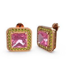 Esinti Kare Küpe - Pembe kuvars ve peridot 18 ayar rose altın küpe #9aphy5