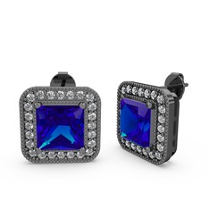 Esinti Kare Küpe - Lab safir ve swarovski 925 ayar siyah rodyum kaplama gümüş küpe #9crrhn