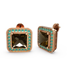 Esinti Kare Küpe - Dumanlı kuvars ve kök zümrüt 925 ayar rose altın kaplama gümüş küpe #a8n6b2