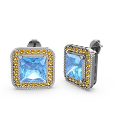 Esinti Kare Küpe - Akuamarin ve sitrin 14 ayar beyaz altın küpe #agxstn